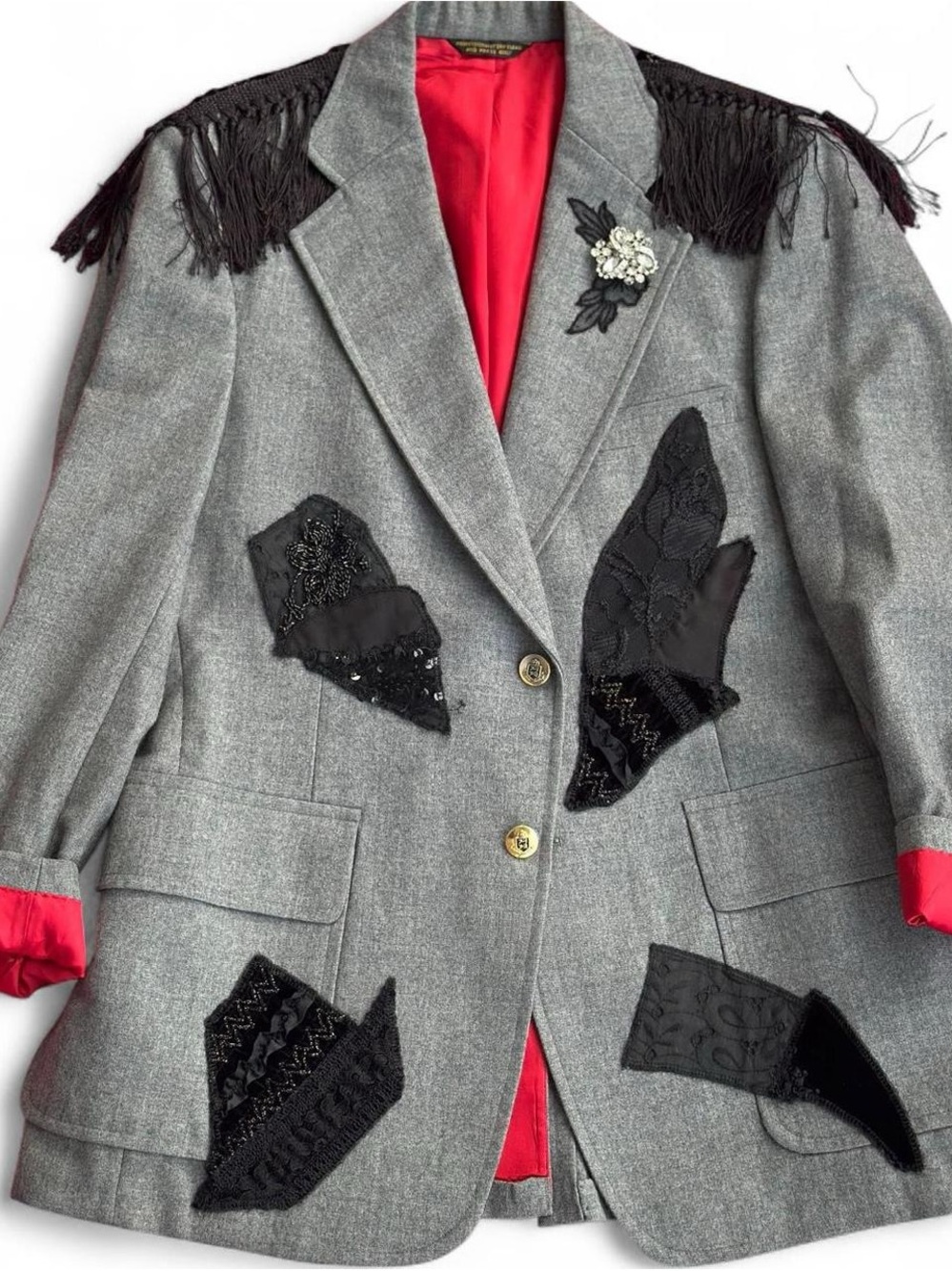 Vintage Hunter Haig Oxford Gray Blazer with Black Lace Appliqué and Red Lining